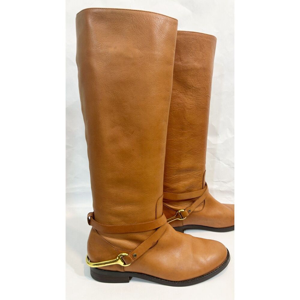 Ralph Lauren Jenny Tall Equestrian Gold Stirrup Cognac Leather Boots Size 6B - Picture 13 of 14